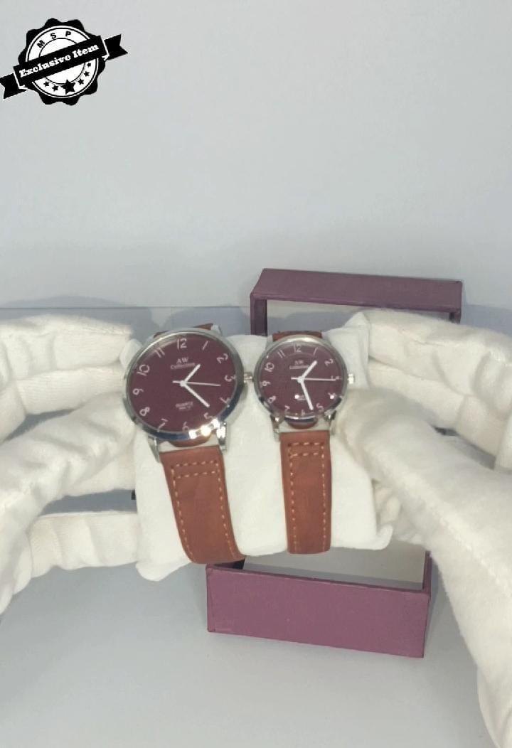 Stylish Brown Leather  Quartz Watches For Couples - 2 Pcs Set