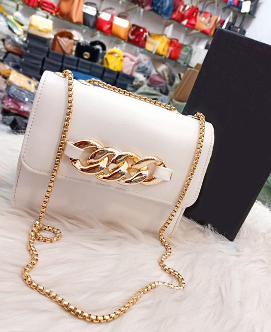 Pu Leather Plain Hand Bag With Long Chain Strap