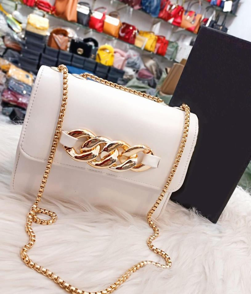 Pu Leather Plain Hand Bag With Long Chain Strap